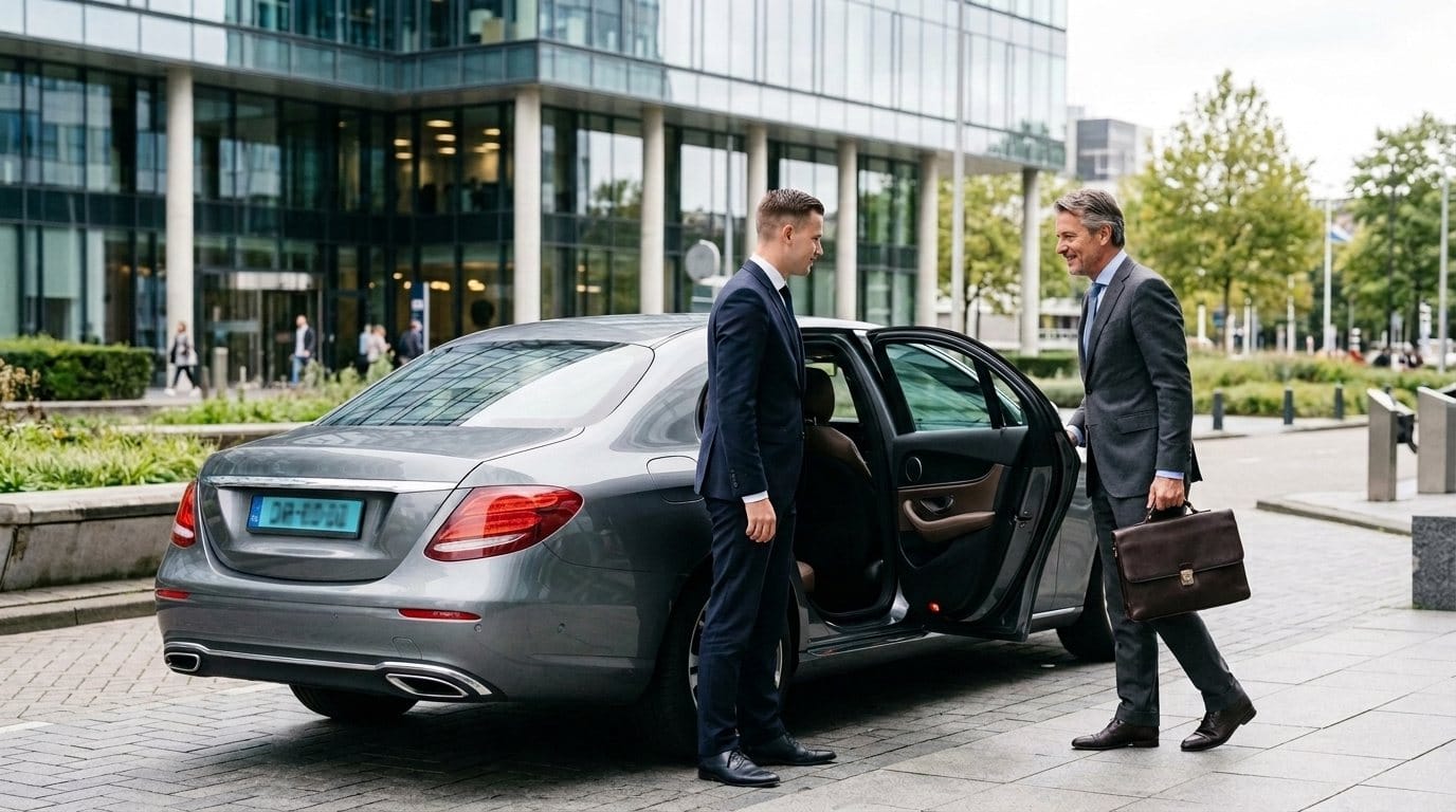 Chauffeur opent het portier van de grijze Mercedes E-klasse voor een zakelijke klant